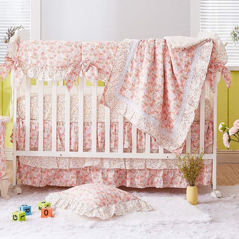 100 % Bomull Blush Rosa Spjälsäng Sängkläder Set Baby Girls Ruffel Farmhouse Blommig Nursery För Shower Present