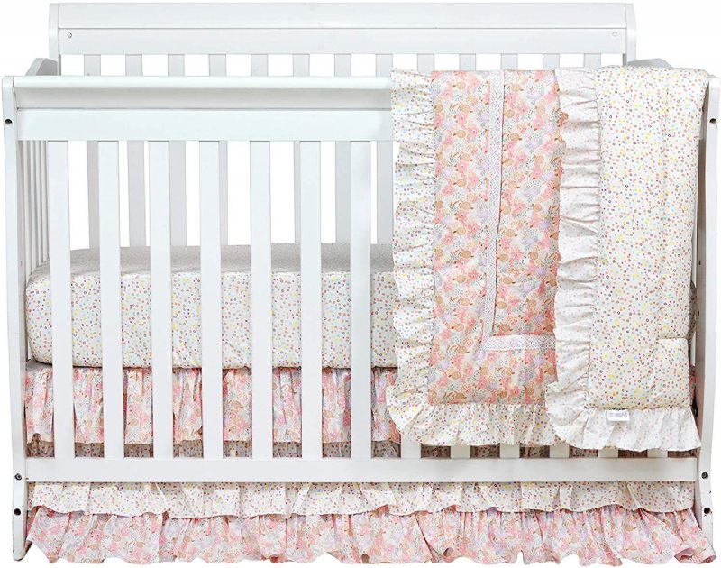 100 % Bomull Blush Rosa Spjälsäng Sängkläder Set Baby Girls Ruffel Farmhouse Blommig Nursery För Shower Present