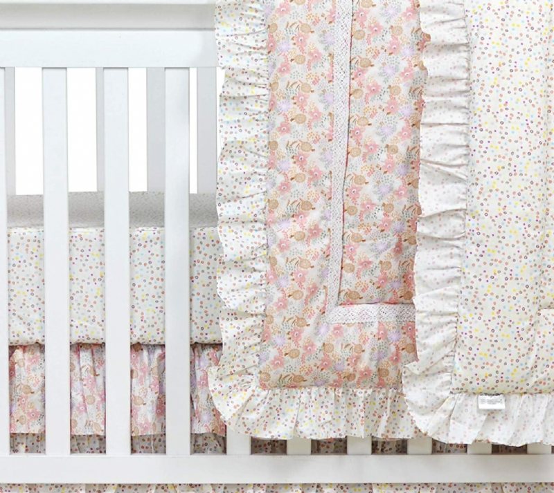 100 % Bomull Blush Rosa Spjälsäng Sängkläder Set Baby Girls Ruffel Farmhouse Blommig Nursery För Shower Present