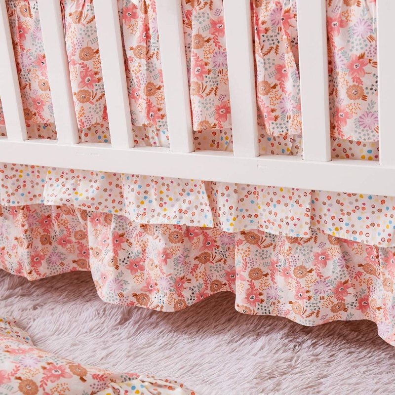 100 % Bomull Blush Rosa Spjälsäng Sängkläder Set Baby Girls Ruffel Farmhouse Blommig Nursery För Shower Present