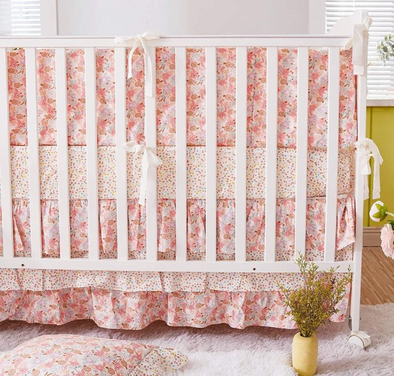 100 % Bomull Blush Rosa Spjälsäng Sängkläder Set Baby Girls Ruffel Farmhouse Blommig Nursery För Shower Present