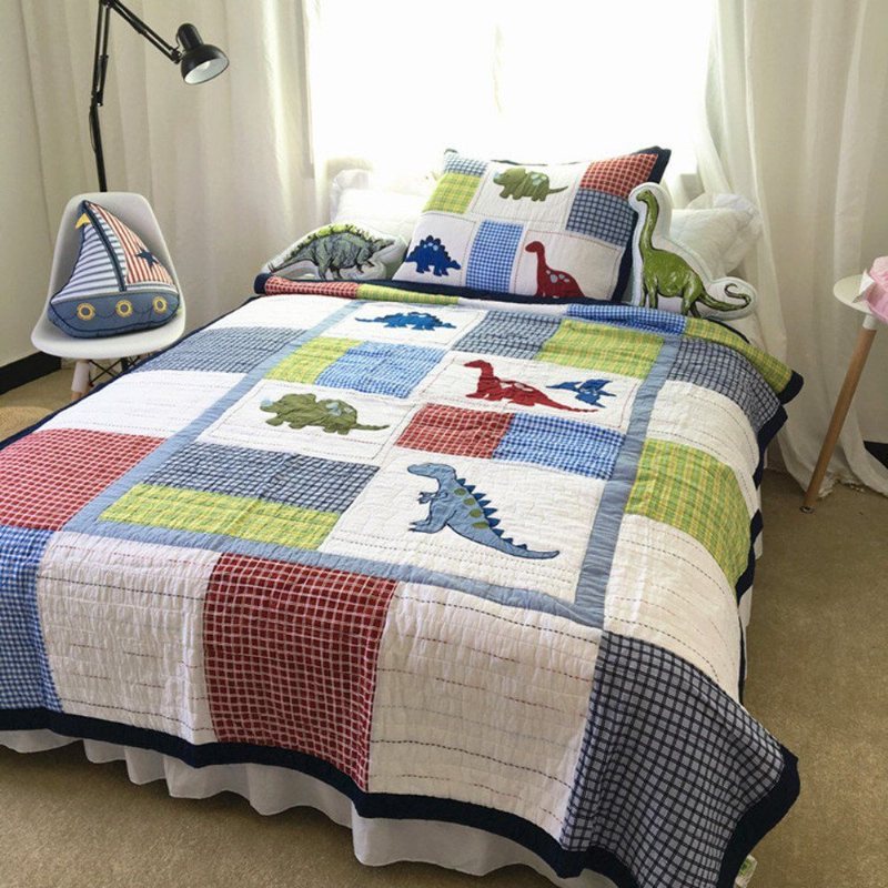 100% Bomull Dinosaur Patchwork Quilt Set För Pojkar Barn Överkast Twin