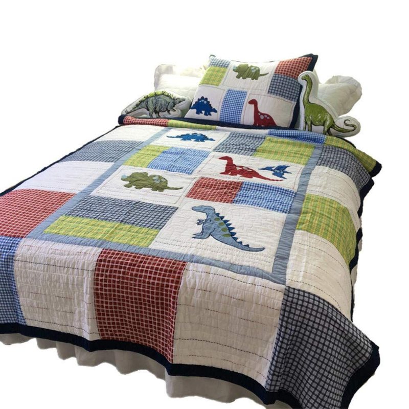 100% Bomull Dinosaur Patchwork Quilt Set För Pojkar Barn Överkast Twin