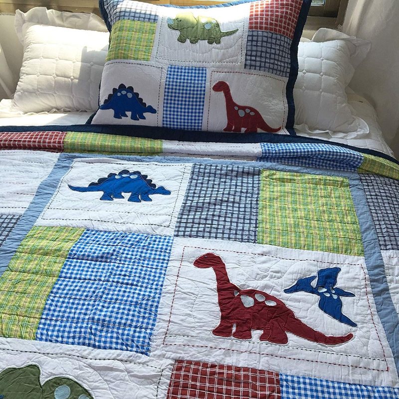 100% Bomull Dinosaur Patchwork Quilt Set För Pojkar Barn Överkast Twin