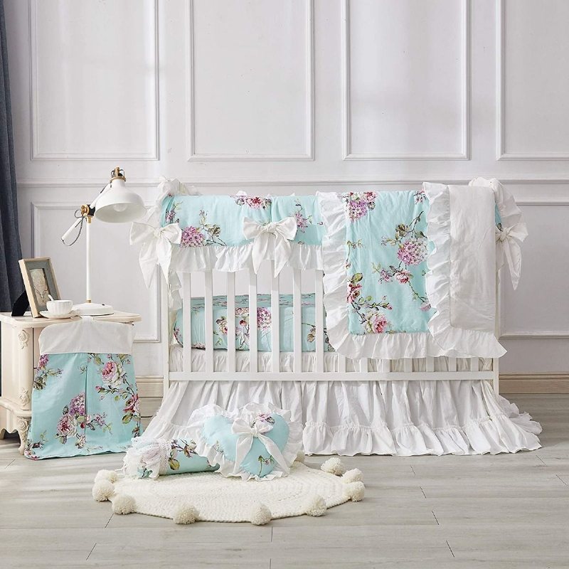 100 % Bomull Farmhouse Baby Girl's Crib Sängkläder Set Fransk Lantlig Stil Hortensia Pion Blommig Nursery Set