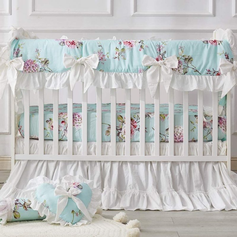 100 % Bomull Farmhouse Baby Girl's Crib Sängkläder Set Fransk Lantlig Stil Hortensia Pion Blommig Nursery Set