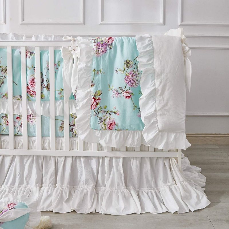 100 % Bomull Farmhouse Baby Girl's Crib Sängkläder Set Fransk Lantlig Stil Hortensia Pion Blommig Nursery Set