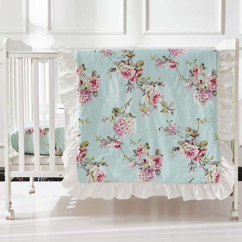 100 % Bomull Farmhouse Baby Girl's Crib Sängkläder Set Fransk Lantlig Stil Hortensia Pion Blommig Nursery Set