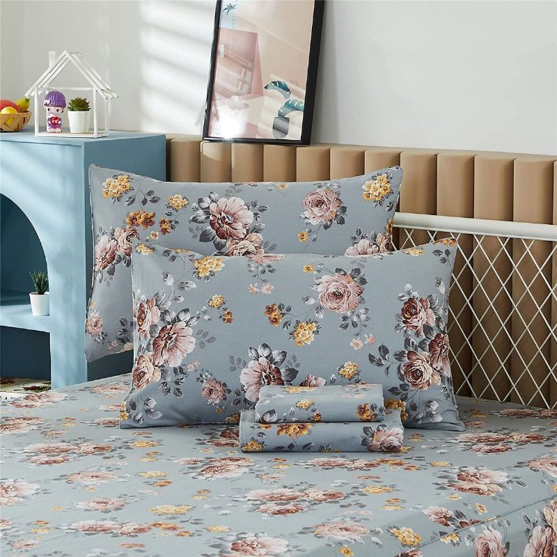 100% Borstad Bomull Shabby Blommor Sängkläder Elegant Pion Blomma Farmhouse Lakan Set 4 Styck Med Djup Ficka Fitted Set