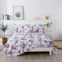 100 % Borstad Bomull Shabby Vit Blommor Sängkläder Elegant Pion Blomma Farmhouse Set 4 Styck Deep Pocket Fitted Lakan Set