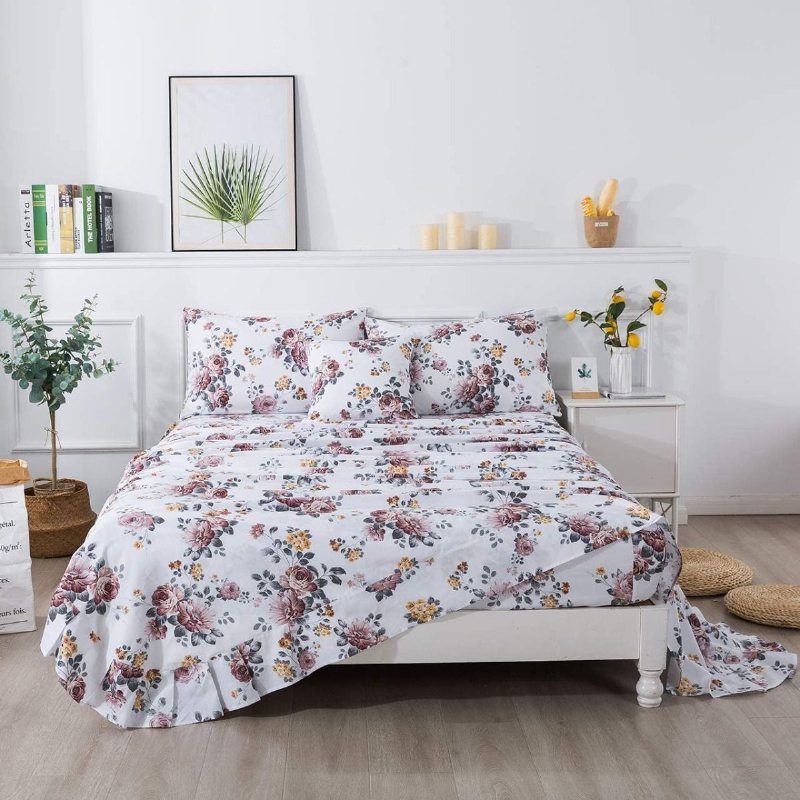 100 % Borstad Bomull Shabby Vit Blommor Sängkläder Elegant Pion Blomma Farmhouse Set 4 Styck Deep Pocket Fitted Lakan Set