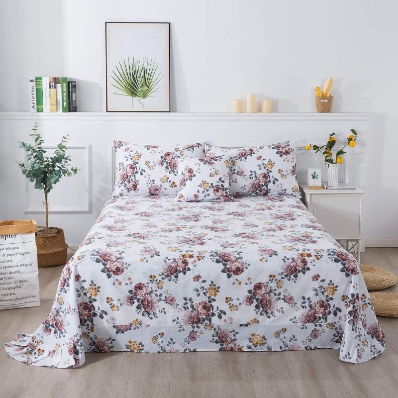 100 % Borstad Bomull Shabby Vit Blommor Sängkläder Elegant Pion Blomma Farmhouse Set 4 Styck Deep Pocket Fitted Lakan Set