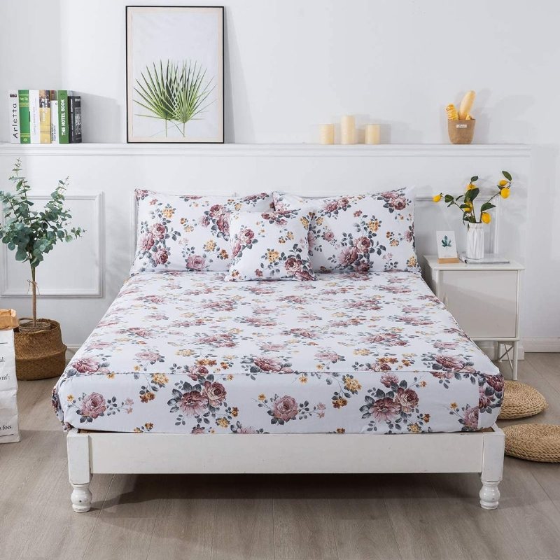 100 % Borstad Bomull Shabby Vit Blommor Sängkläder Elegant Pion Blomma Farmhouse Set 4 Styck Deep Pocket Fitted Lakan Set