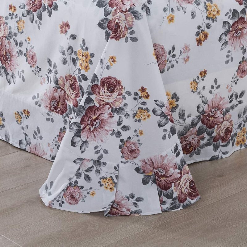 100 % Borstad Bomull Shabby Vit Blommor Sängkläder Elegant Pion Blomma Farmhouse Set 4 Styck Deep Pocket Fitted Lakan Set