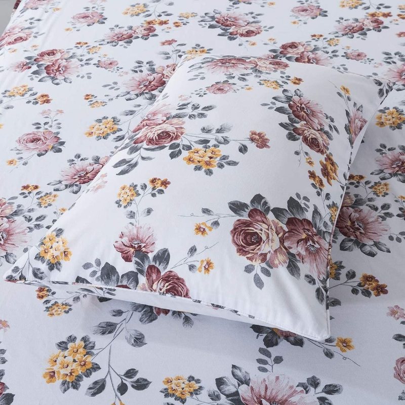 100 % Borstad Bomull Shabby Vit Blommor Sängkläder Elegant Pion Blomma Farmhouse Set 4 Styck Deep Pocket Fitted Lakan Set