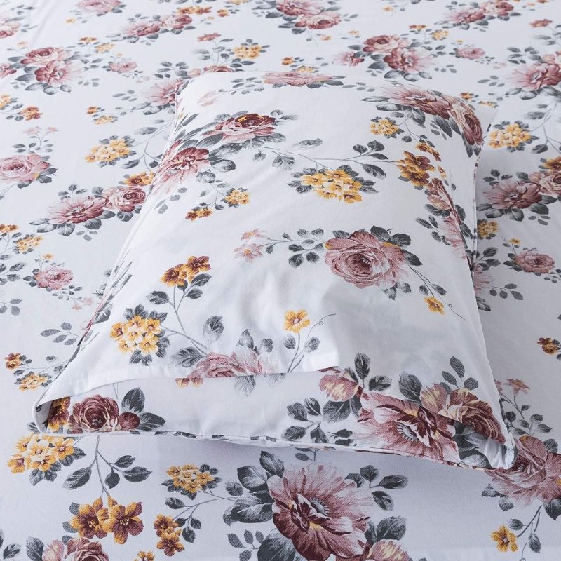 100 % Borstad Bomull Shabby Vit Blommor Sängkläder Elegant Pion Blomma Farmhouse Set 4 Styck Deep Pocket Fitted Lakan Set