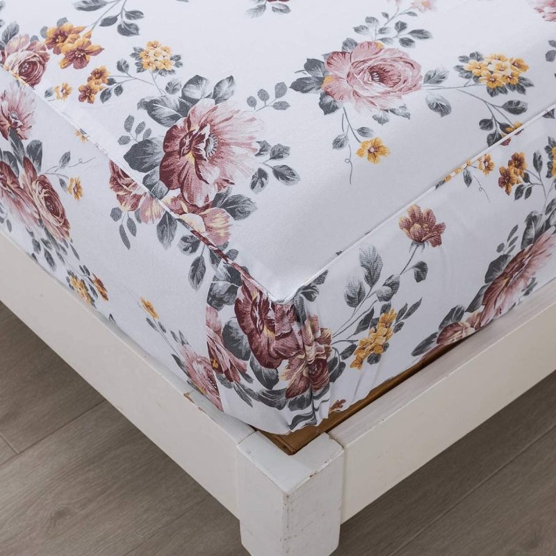 100 % Borstad Bomull Shabby Vit Blommor Sängkläder Elegant Pion Blomma Farmhouse Set 4 Styck Deep Pocket Fitted Lakan Set