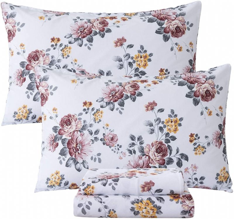 100 % Borstad Bomull Shabby Vit Blommor Sängkläder Elegant Pion Blomma Farmhouse Set 4 Styck Deep Pocket Fitted Lakan Set