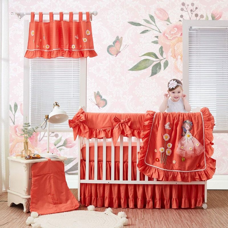 100% Tvättad Bomull Korall Flickor Spjälsäng Sängkläder Set Söt 3d-klädd Flicka Butterfly Blommig Design Nursery