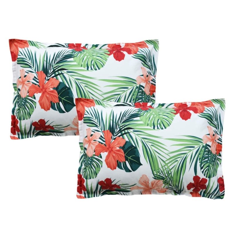 2st Hawaiian Style Kudd Shams Röd Hibiscus Palmblad Örngott 100% Bomull Supermjukt Allergivänligt Med Dold Dragkedja