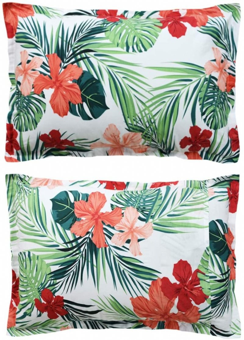 2st Hawaiian Style Kudd Shams Röd Hibiscus Palmblad Örngott 100% Bomull Supermjukt Allergivänligt Med Dold Dragkedja