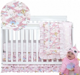 3 St Baby Gir's Unicorn Nursery Sängkläder 100% Bomull Rosa Princess Crib Set (ruffle Täcken Fitted Lakan Spjälsäng Kjol)