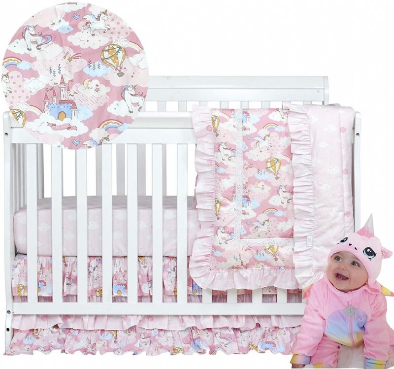 3 St Baby Gir's Unicorn Nursery Sängkläder 100% Bomull Rosa Princess Crib Set (ruffle Täcken Fitted Lakan Spjälsäng Kjol)