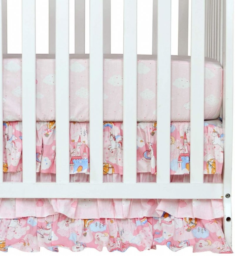 3 St Baby Gir's Unicorn Nursery Sängkläder 100% Bomull Rosa Princess Crib Set (ruffle Täcken Fitted Lakan Spjälsäng Kjol)