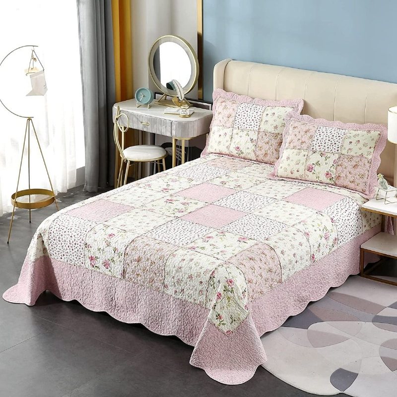 3 St Queen Size Täcke Set Farmhouse Rose Blommig Sängkläder Sängöverkast Set Romantiskt Små Blommor Patchwork Lätt Quilt Set