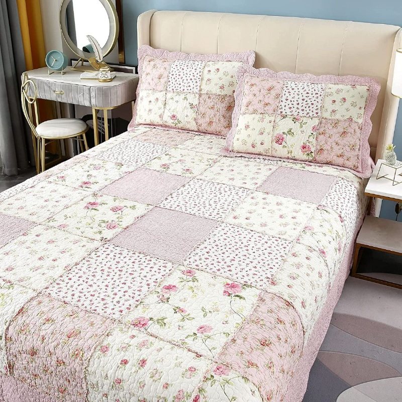 3 St Queen Size Täcke Set Farmhouse Rose Blommig Sängkläder Sängöverkast Set Romantiskt Små Blommor Patchwork Lätt Quilt Set