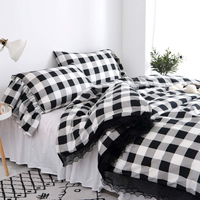 3st Buffalo Pläd Påslakan Set Romantisk Spets Volanger Gingham Geometrisk Rutig Svart Och Vit Elegant Sängkläder Set