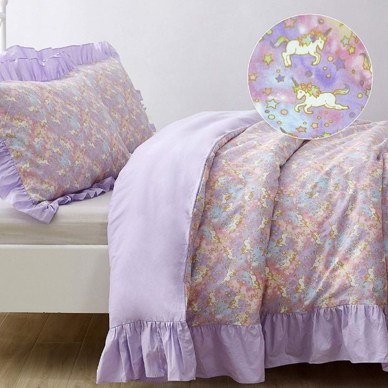 3st Girls Rainbow Unicorn Sängkläder Set 100% Bomull Volangerad Lila Lavendel Påslakanset