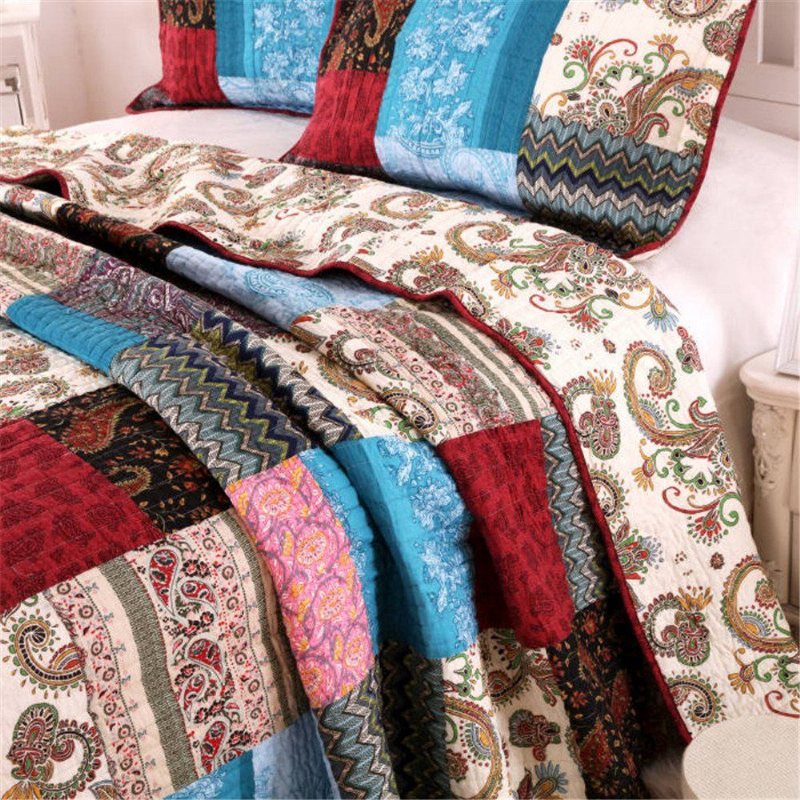 3st Lyxtäcke Bohemisk Bomull Patchwork Quiltat Täcke Överkast Set Ljus Vibrerande Blommor Paisley Sängkläder Set Queen