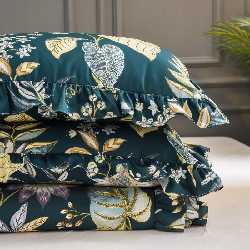 3st Ruffle Farmhouse Sängkläder Set Lyx Tropical Plam Leaves Påslakan Set