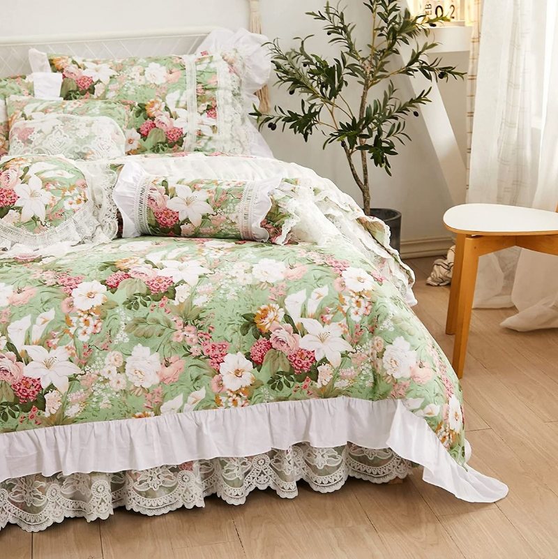 4 Styck Fransk Lantlig Sängkläder Set 100% Bomull 600 Tc Princess Spets Volanger Trädgård Blommor Påslakan Set Med Lyxig Vit Dust Ruffel 18'' Split Corner Bed Kjol Och 2 Örngott