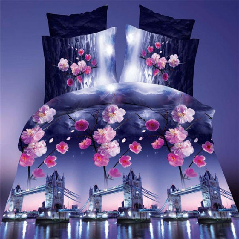 4st 3d Plum Blossom Bridge Reaktiv Färgning Polyester Fiber Sängkläder Set Queen King Size Påslakan