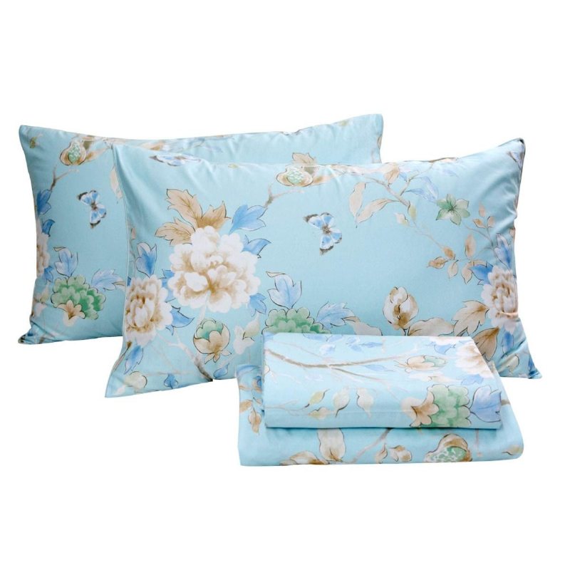 4st Farmhouse Blommigt Sängkläder Set Shabby Blue Bird Print Lakan Set 800 Trådantal 100% Egyptisk Bomull Djup Ficka