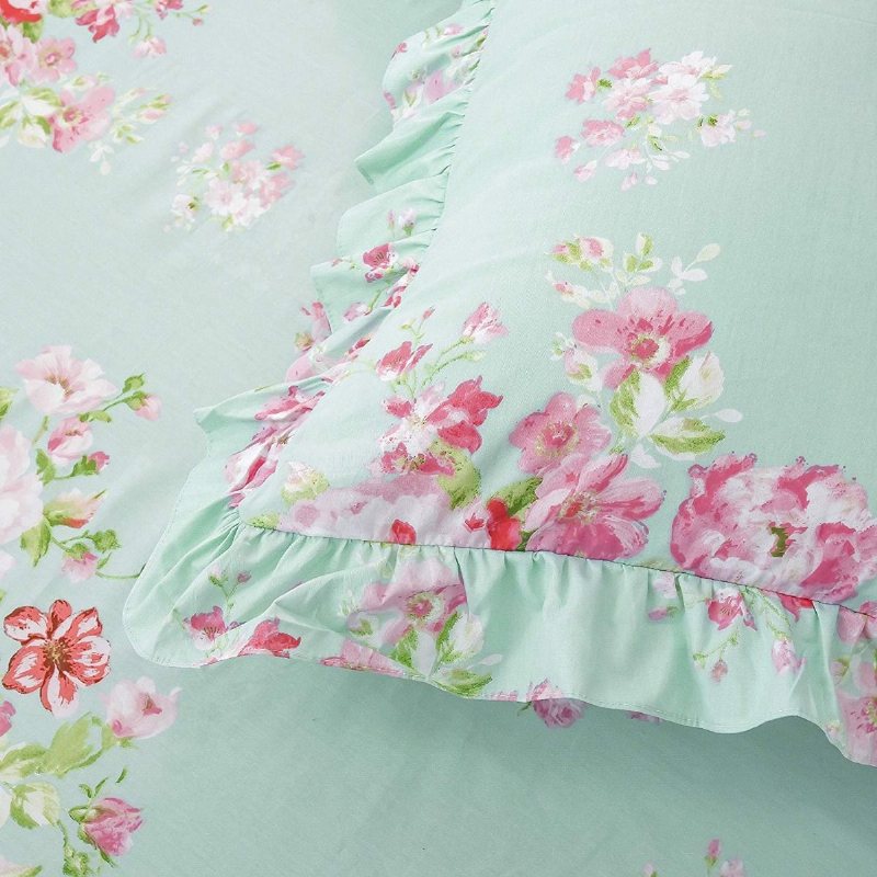 4st Farmhouse Shabby Rosa Blommig Chic Sängkläder Set 100% Bomull Rose Ruffle Sängkjol Set