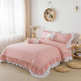 4st Girls Pink Grid Sängkläder Set 100% Bomull Hundtrutsmönster Spets Volang Design Påslakan18'' Höjd Sängkjol Och 2 Örngott