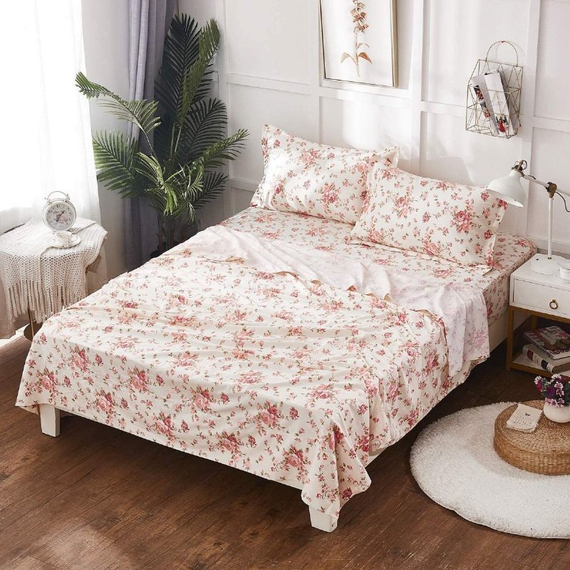 4st Shabby Floral Lakan Set 100% Bomull Farmhouse Sängkläder Set Rose Djupa Fickor 18 Tum