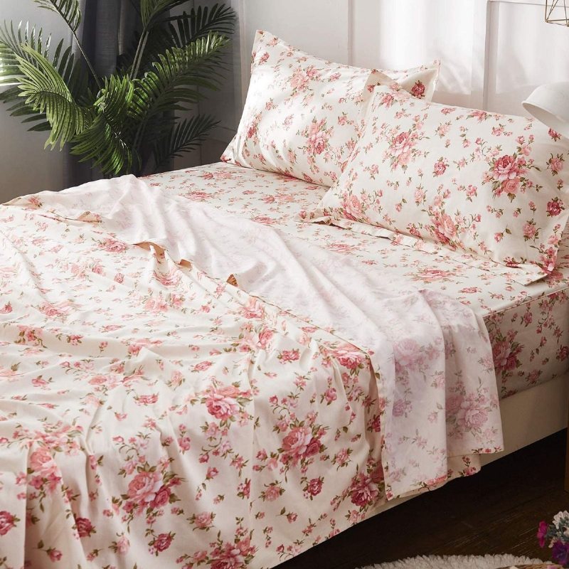 4st Shabby Floral Lakan Set 100% Bomull Farmhouse Sängkläder Set Rose Djupa Fickor 18 Tum