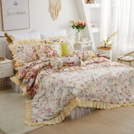 4st Shabby Floral Sängkläder Set 100% Bomull 600 Tc Princess Spets Volang Pion Rose Påslakan Set Med Mjuk Vit Dust Ruffel 18'' Split Hörn Säng Kjol Och 2 Örngott