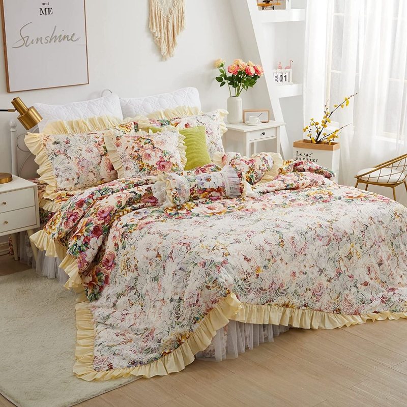 4st Shabby Floral Sängkläder Set 100% Bomull 600 Tc Princess Spets Volang Pion Rose Påslakan Set Med Mjuk Vit Dust Ruffel 18'' Split Hörn Säng Kjol Och 2 Örngott