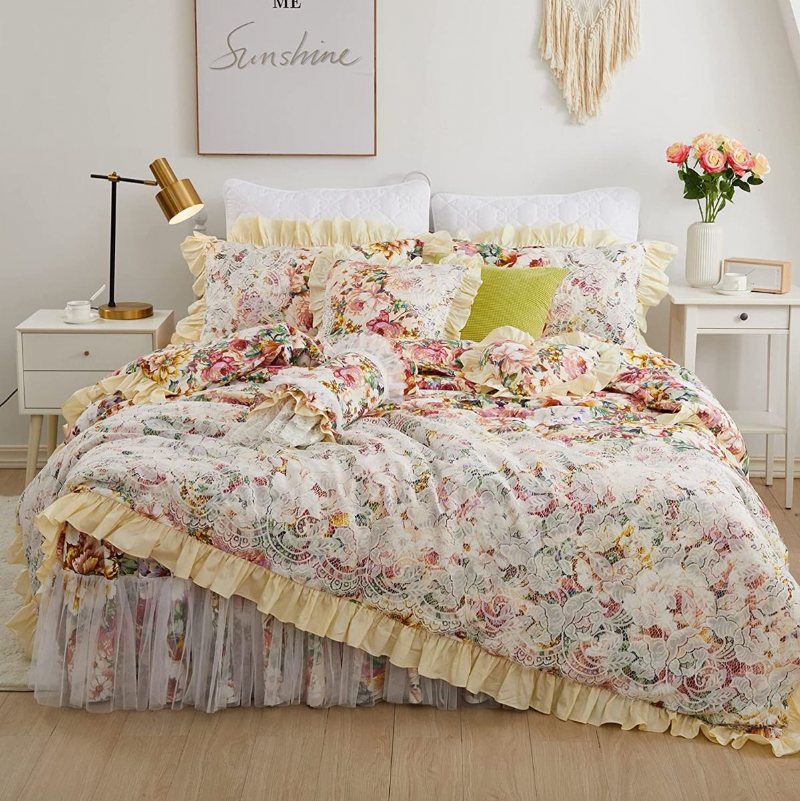 4st Shabby Floral Sängkläder Set 100% Bomull 600 Tc Princess Spets Volang Pion Rose Påslakan Set Med Mjuk Vit Dust Ruffel 18'' Split Hörn Säng Kjol Och 2 Örngott