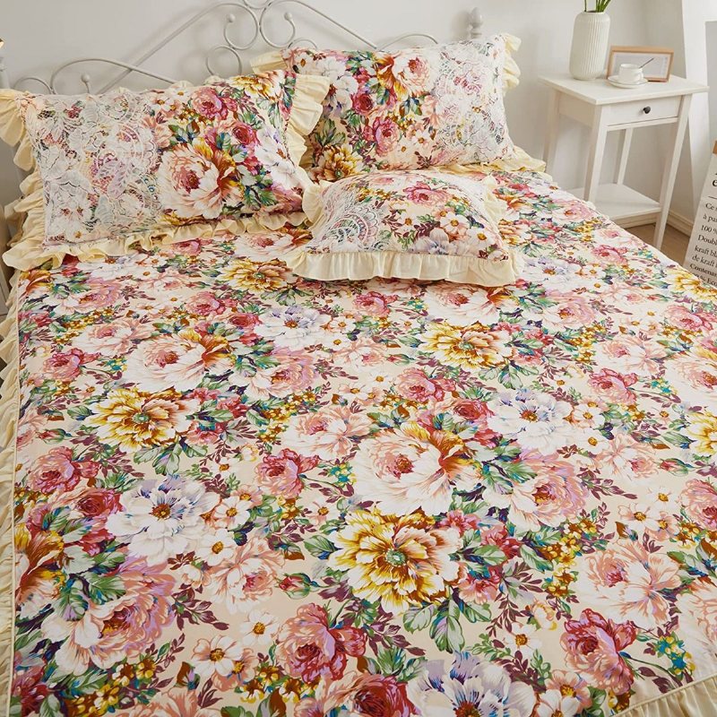 4st Shabby Floral Sängkläder Set 100% Bomull 600 Tc Princess Spets Volang Pion Rose Påslakan Set Med Mjuk Vit Dust Ruffel 18'' Split Hörn Säng Kjol Och 2 Örngott