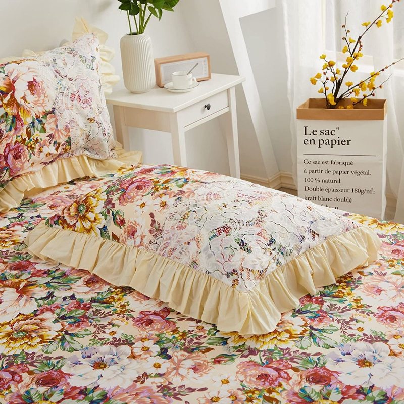 4st Shabby Floral Sängkläder Set 100% Bomull 600 Tc Princess Spets Volang Pion Rose Påslakan Set Med Mjuk Vit Dust Ruffel 18'' Split Hörn Säng Kjol Och 2 Örngott