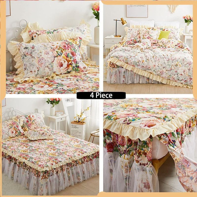 4st Shabby Floral Sängkläder Set 100% Bomull 600 Tc Princess Spets Volang Pion Rose Påslakan Set Med Mjuk Vit Dust Ruffel 18'' Split Hörn Säng Kjol Och 2 Örngott