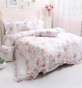 4st Shabby Rose Blommigt Sängkläder Set Elegant Country Style Volanger Flickor Set 100% Bomull Påslakan Set