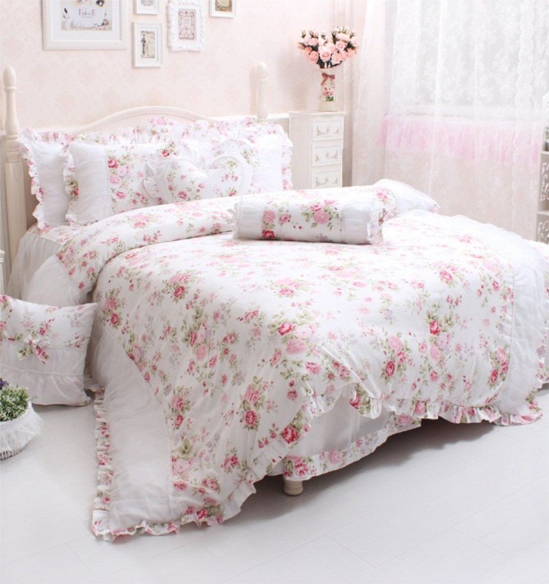 4st Shabby Rose Blommigt Sängkläder Set Elegant Country Style Volanger Flickor Set 100% Bomull Påslakan Set