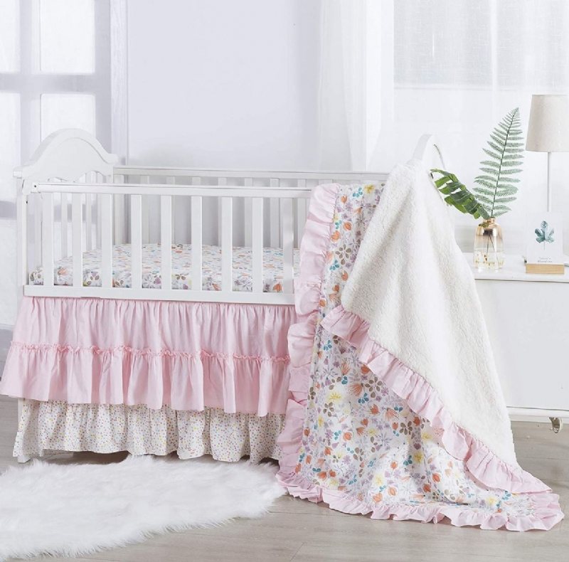 5 St Baby Girl's Crib Sängkläder Set 100% Bomull Rosa Och Vit Blommor Nursery